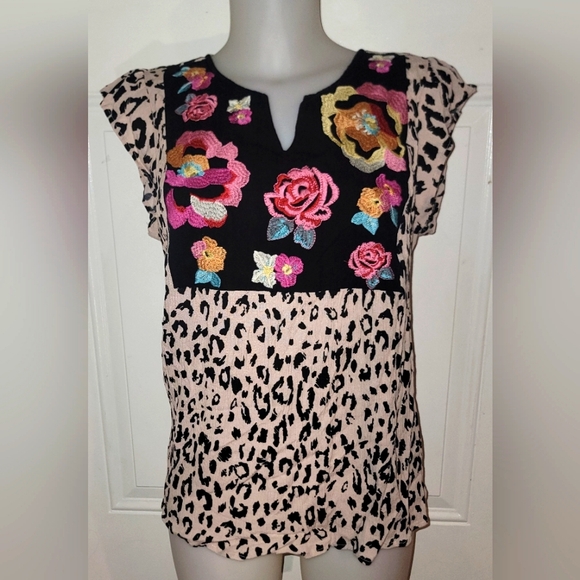 Savanna Jane sz L Boho Leopard Floral Embroider Cottagecore Festival Cowgirl Top - Picture 2 of 4